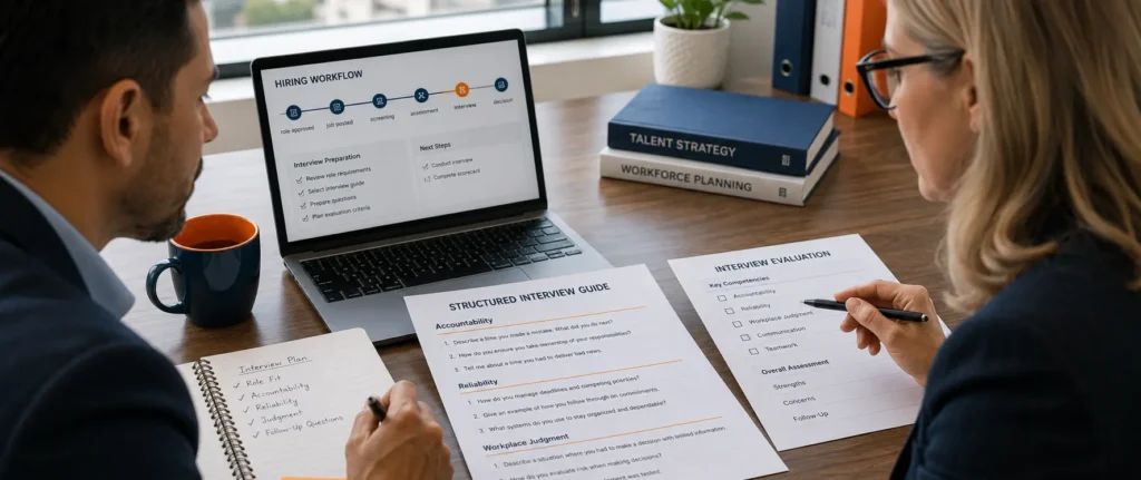 HR team reviewing structured interview questions to assess trust in hiring