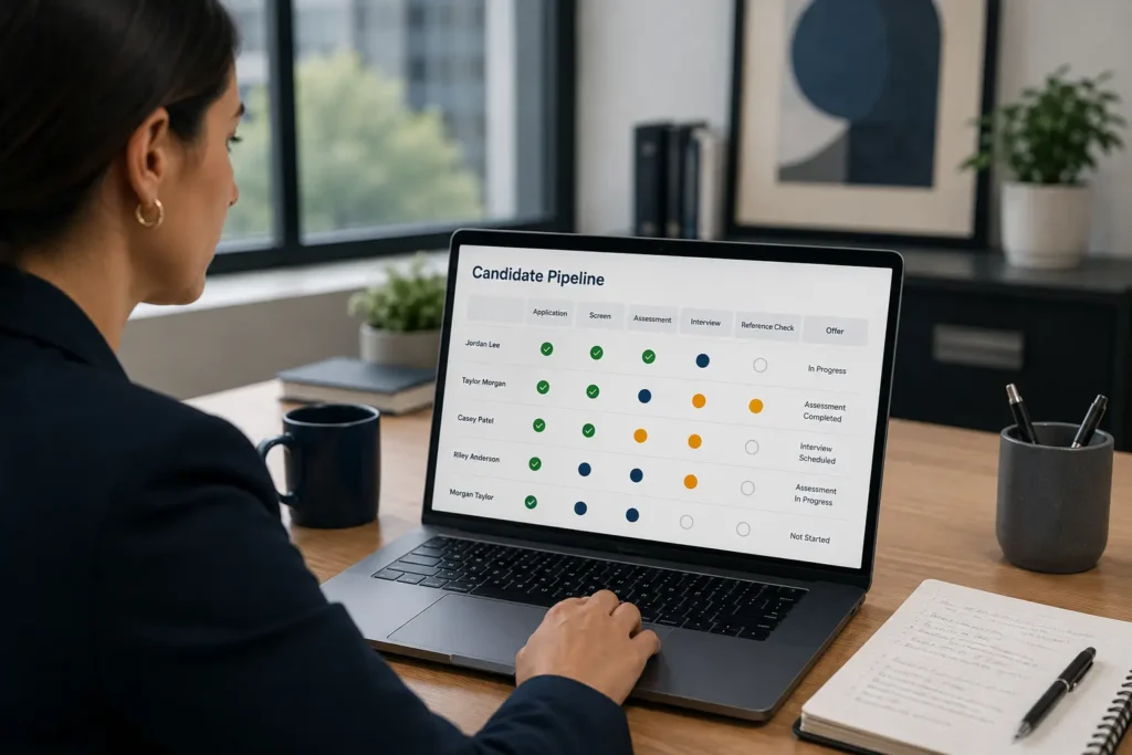 HR manager comparing talent assessment tools that integrate with ATS on a laptop screen
