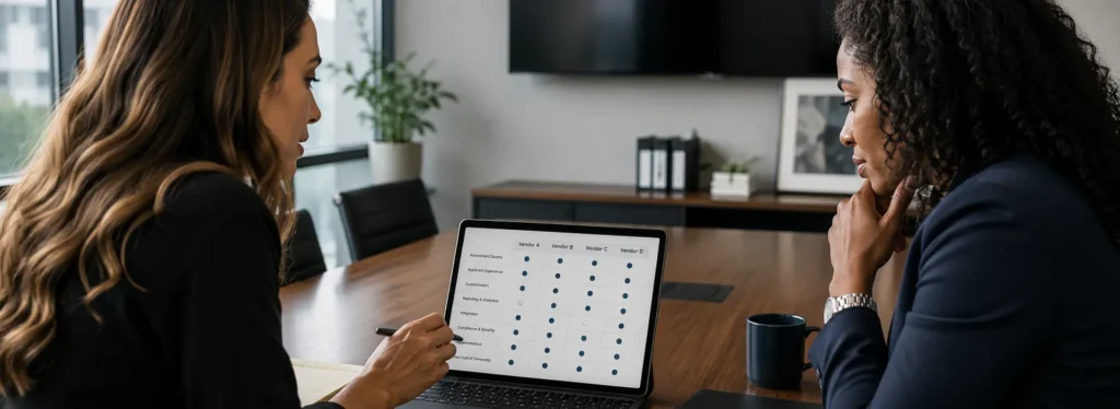 HR team shortlisting talent assessment tools that integrate with ATS during a vendor review