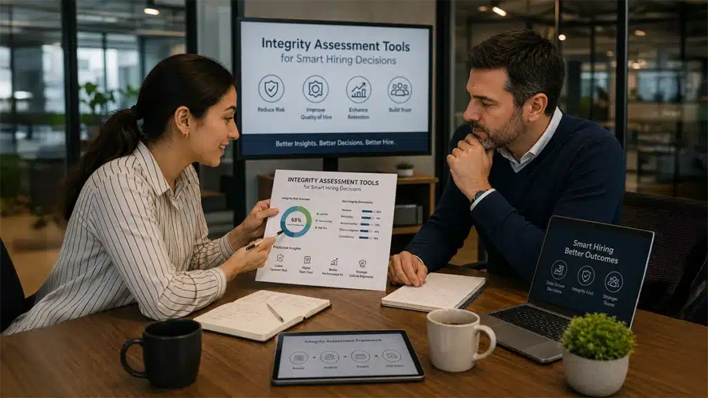 Integrity assessment tools for smart hiring decisions: HR professional and hiring manager collaborating in a modern office, reviewing integrity assessment reports and recruitment analytics on digital devices to support data-driven hiring decisions and workforce risk management.