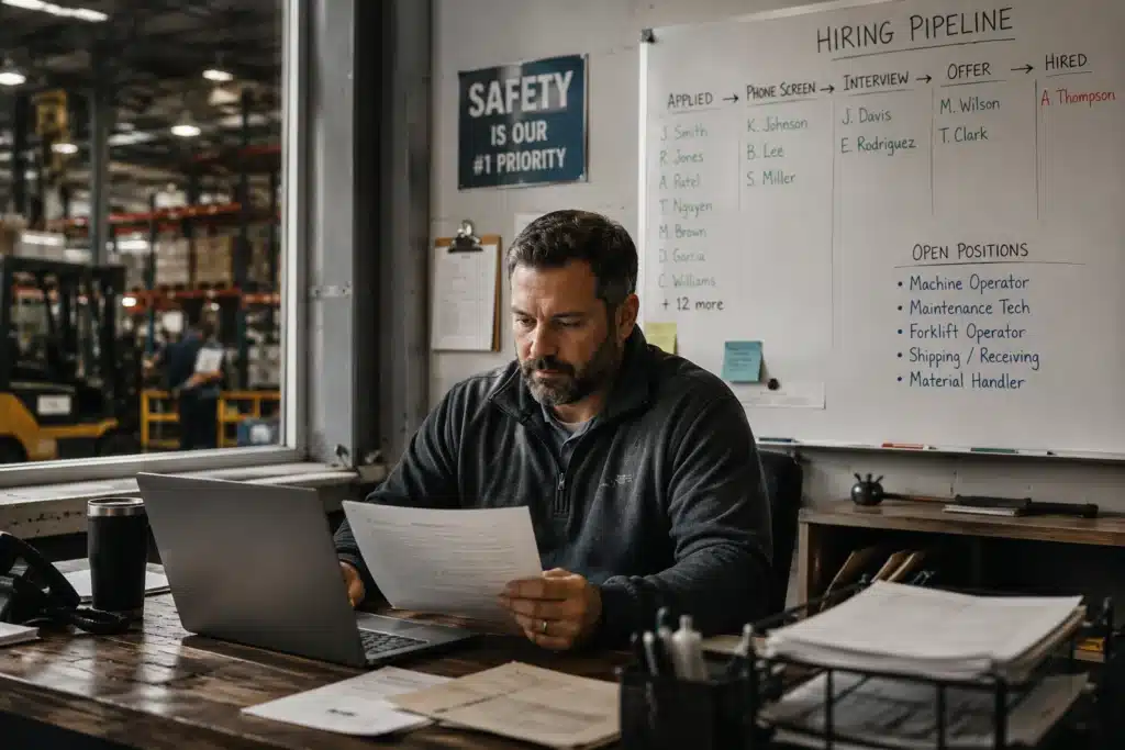 HR manager reviewing pre-employment applications in warehouse office — integrity testing for high-volume hiring