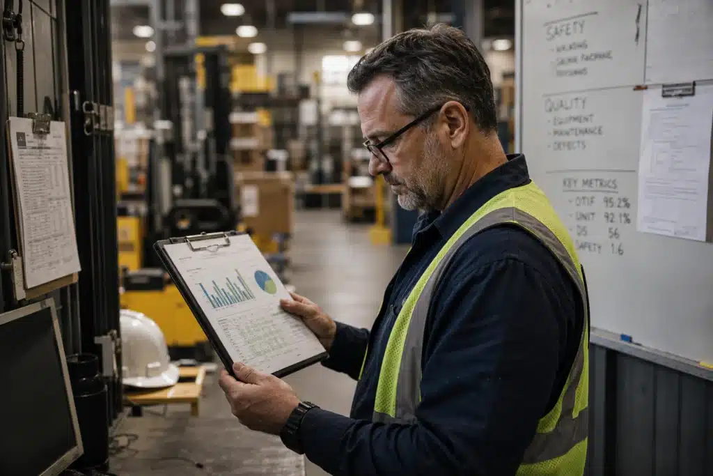 Safety manager reviewing workers compensation data after integrity testing implementation