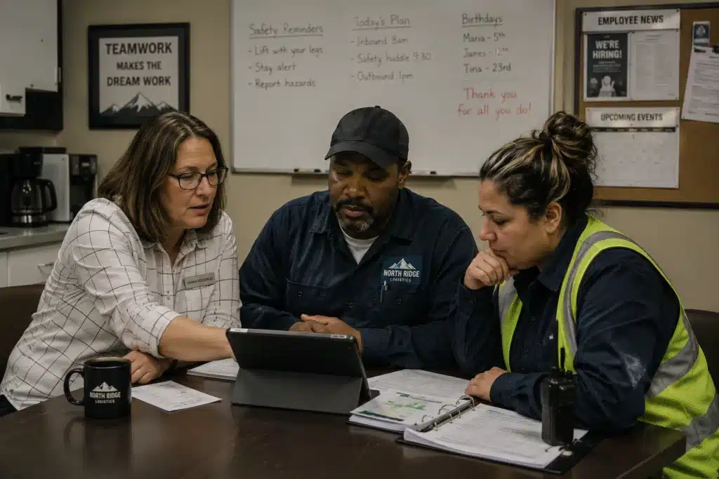 Operations and HR team reviewing pre-employment assessment results for high-volume hiring