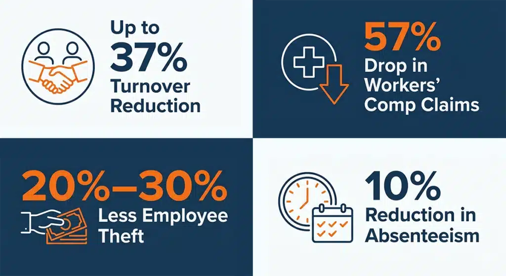 Infographic showing how honesty tests reduce employee turnover, workers’ comp claims, theft, and absenteeism