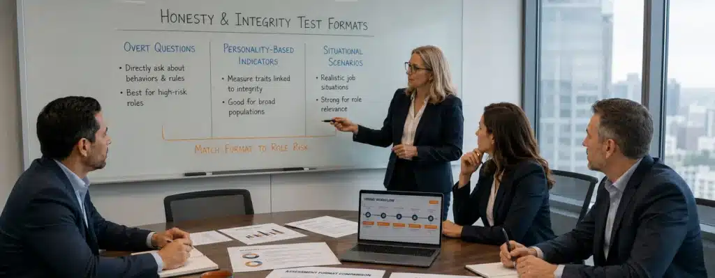 HR team reviewing overt personality-based and situational honesty integrity test types