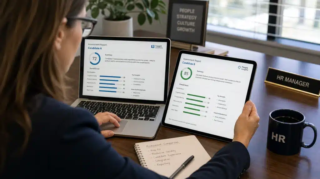 HR manager comparing integrity self assessment options on a laptop and tablet