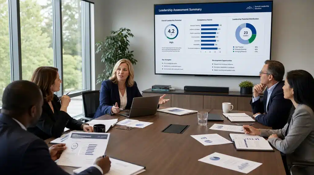 HR leadership team reviewing an integrity self assessment strategy in a corporate office