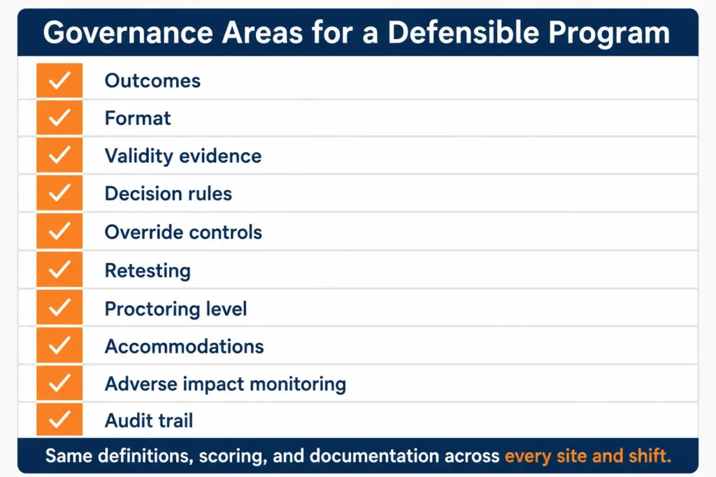 Infographic checklist of governance areas for defensible online integrity assessments in HR hiring
