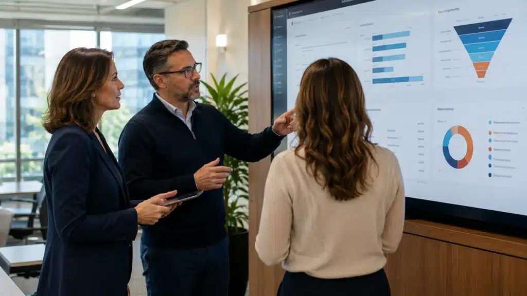 HR leaders reviewing an online integrity assessments program dashboard in a US corporate office