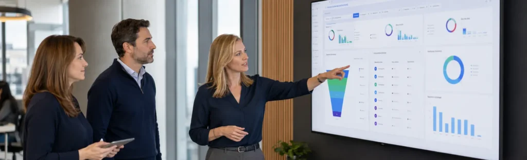 HR leaders reviewing an online integrity assessments program dashboard in a US corporate office