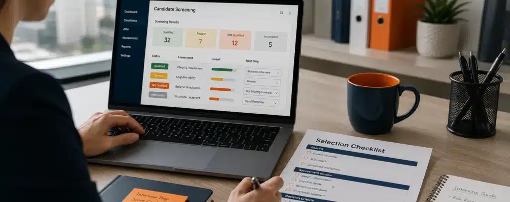 Recruiter reviewing honesty and integrity test result bands before candidate interview