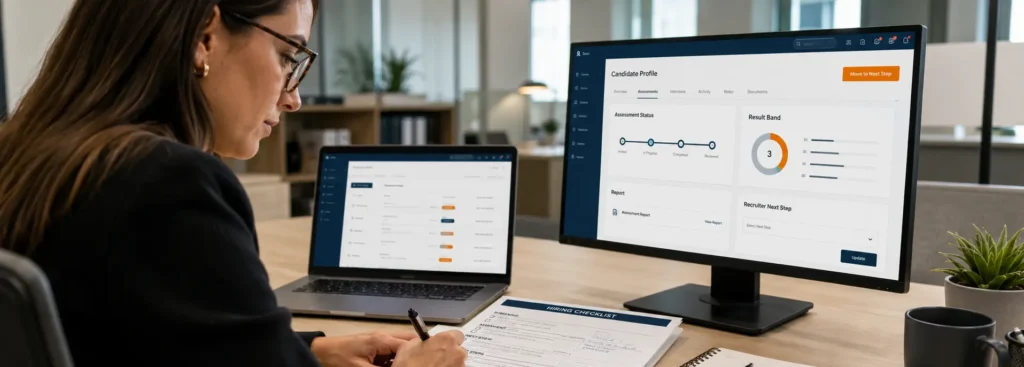 Recruiter reviewing talent assessment results inside an ATS candidate workflow