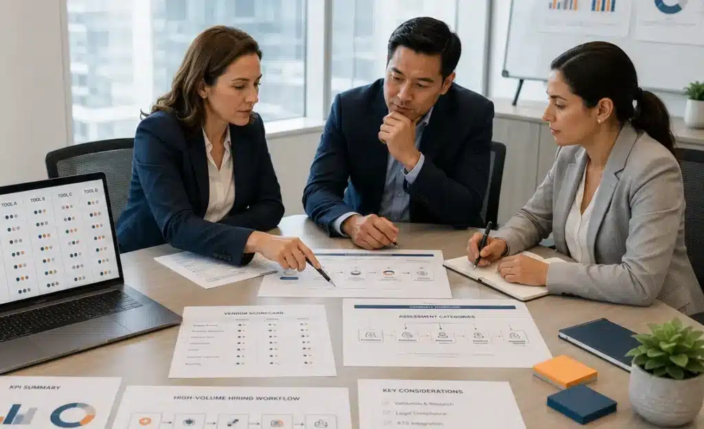 HR team comparing behavioral screening tools for high-volume hiring