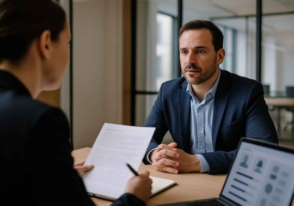 Interviewer discussing integrity-related topics during a structured interview.