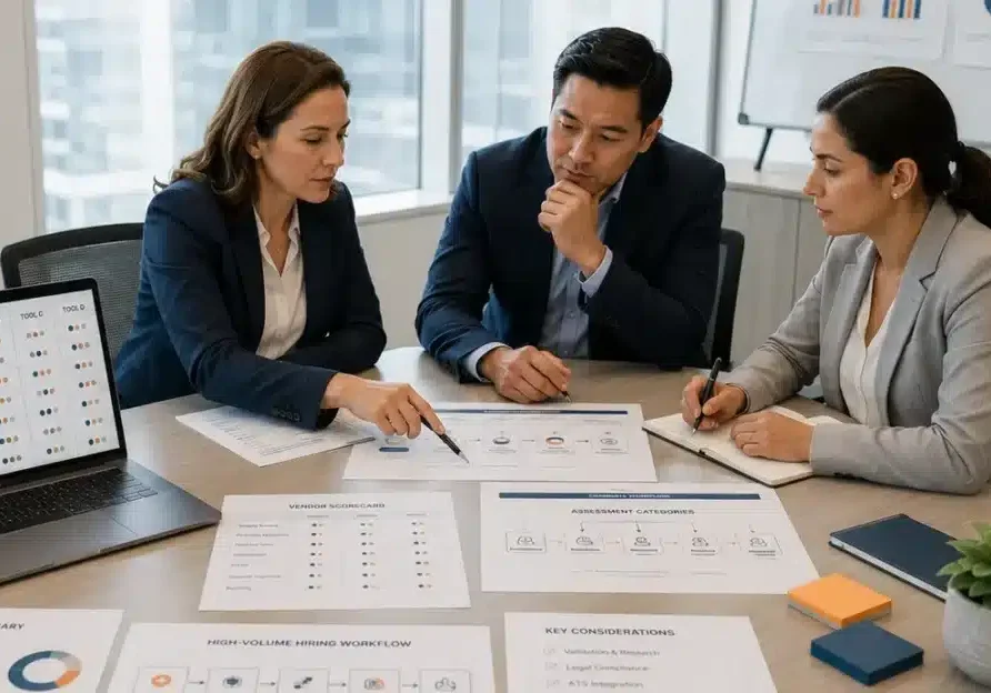 HR team comparing behavioral screening tools for high-volume hiring