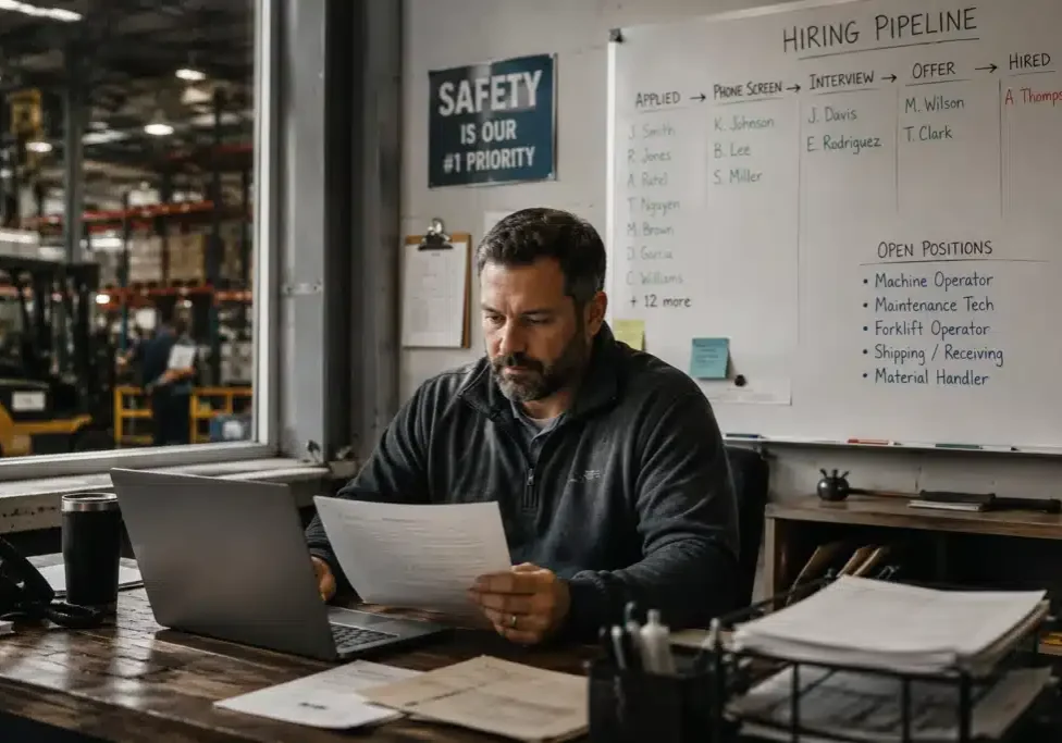 HR manager reviewing pre-employment applications in warehouse office — integrity testing for high-volume hiring