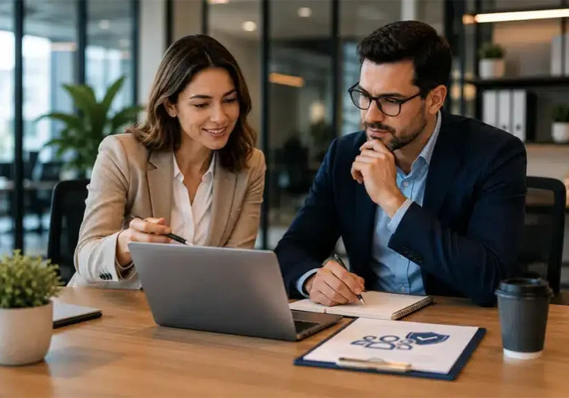Ethical hiring with integrity assessments in a corporate workplace, featuring hiring professionals collaborating on candidate evaluation and ethical recruitment decisions in a modern office environment.