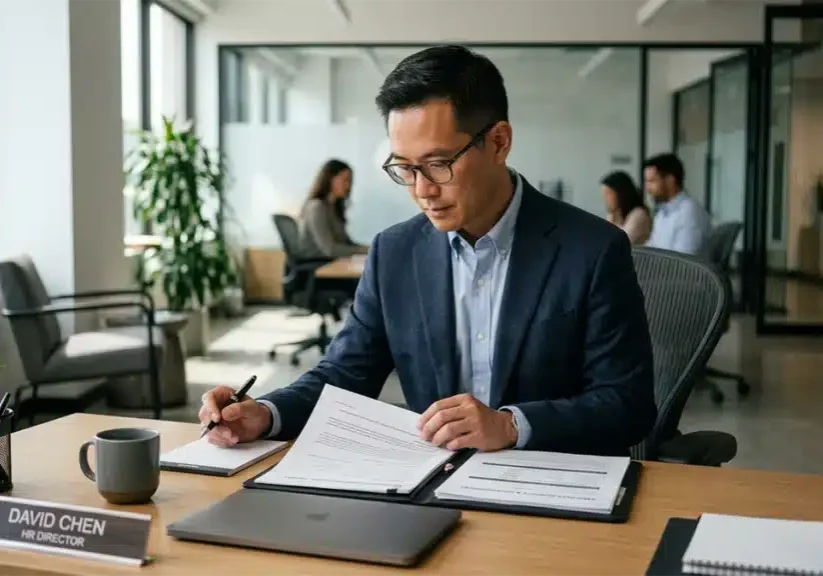HR director reviewing a honesty test for employee screening alongside other pre-hire reports at a US company