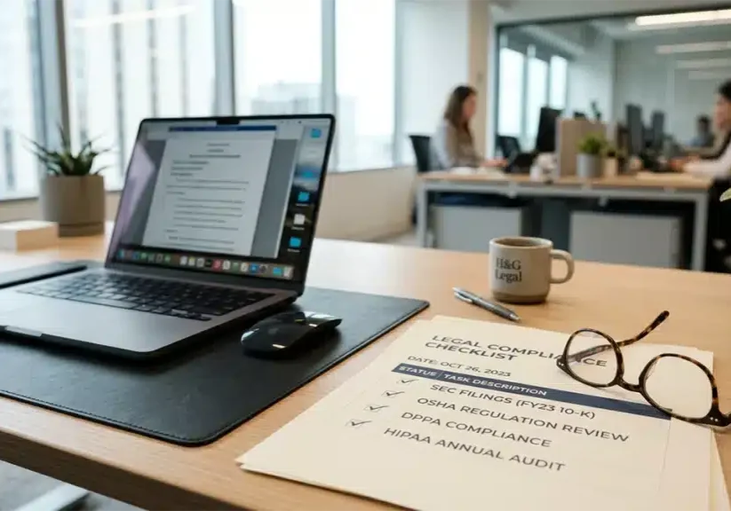 Office workspace with legal compliance checklist, laptop, and hiring documents representing honesty test legal compliance in hiring and workplace screening procedures.