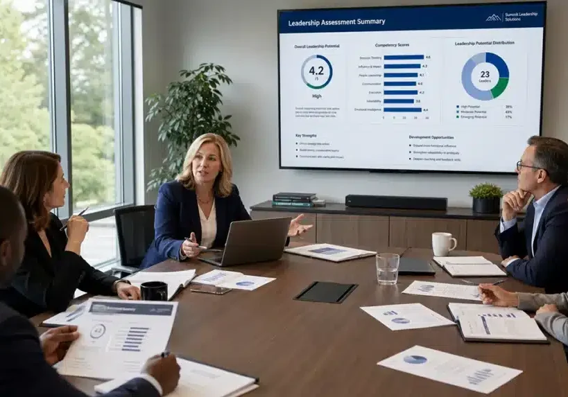 HR leadership team reviewing an integrity self assessment strategy in a corporate office