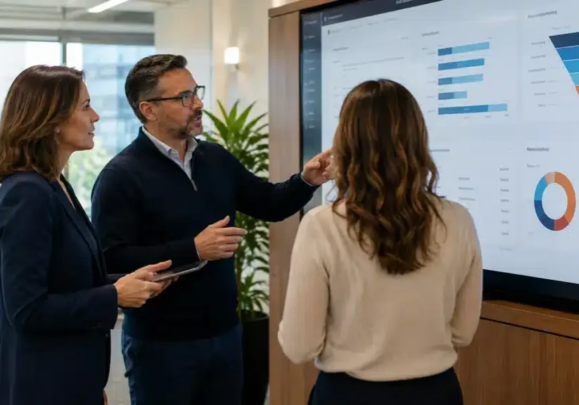 HR leaders reviewing an online integrity assessments program dashboard in a US corporate office