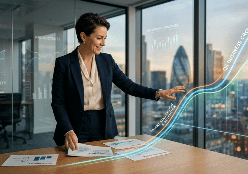 Business executive reviewing analytics and workforce performance charts illustrating the ROI of honesty tests in hiring and employee retention strategies in a modern office.