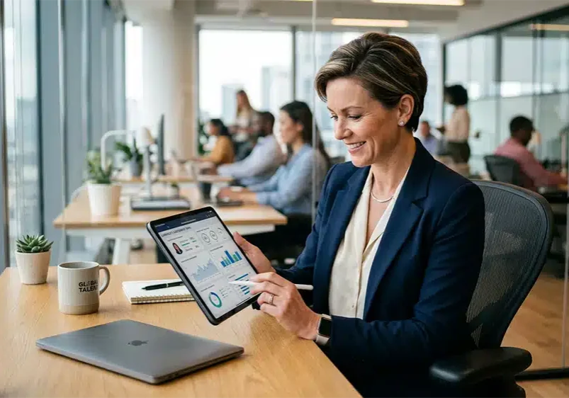 HR professional reviewing an integrity self-assessment for hiring on a tablet
